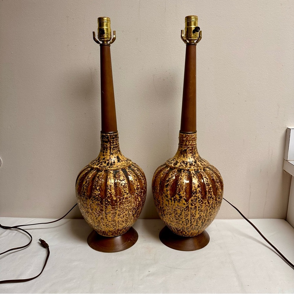 Vintage 50s Mid Century Modern Brown and 24k Accent Gold Ceramic Table Lamps